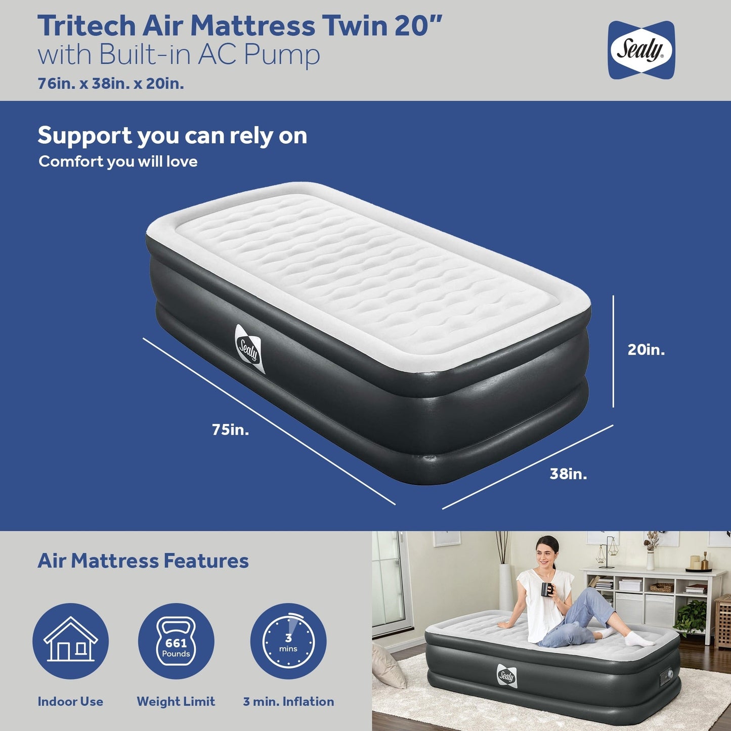 Materasso ad aria Sealy Tritech Twin Sized 20 per 2 persone con pompa AC integrata e borsa