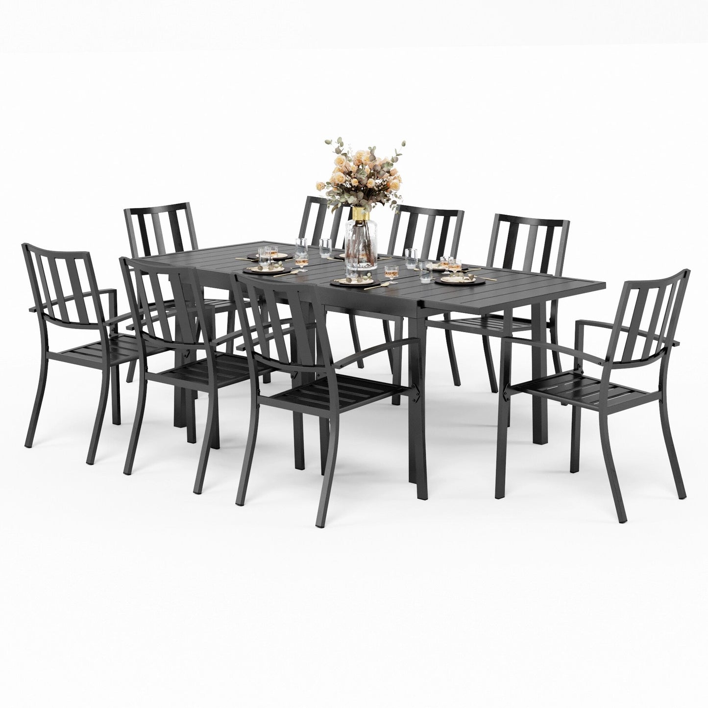 MAISON ARTS Set da pranzo per esterni, 6/8 sedie impilabili in metallo e 1 tavolo rettangolare espandibile