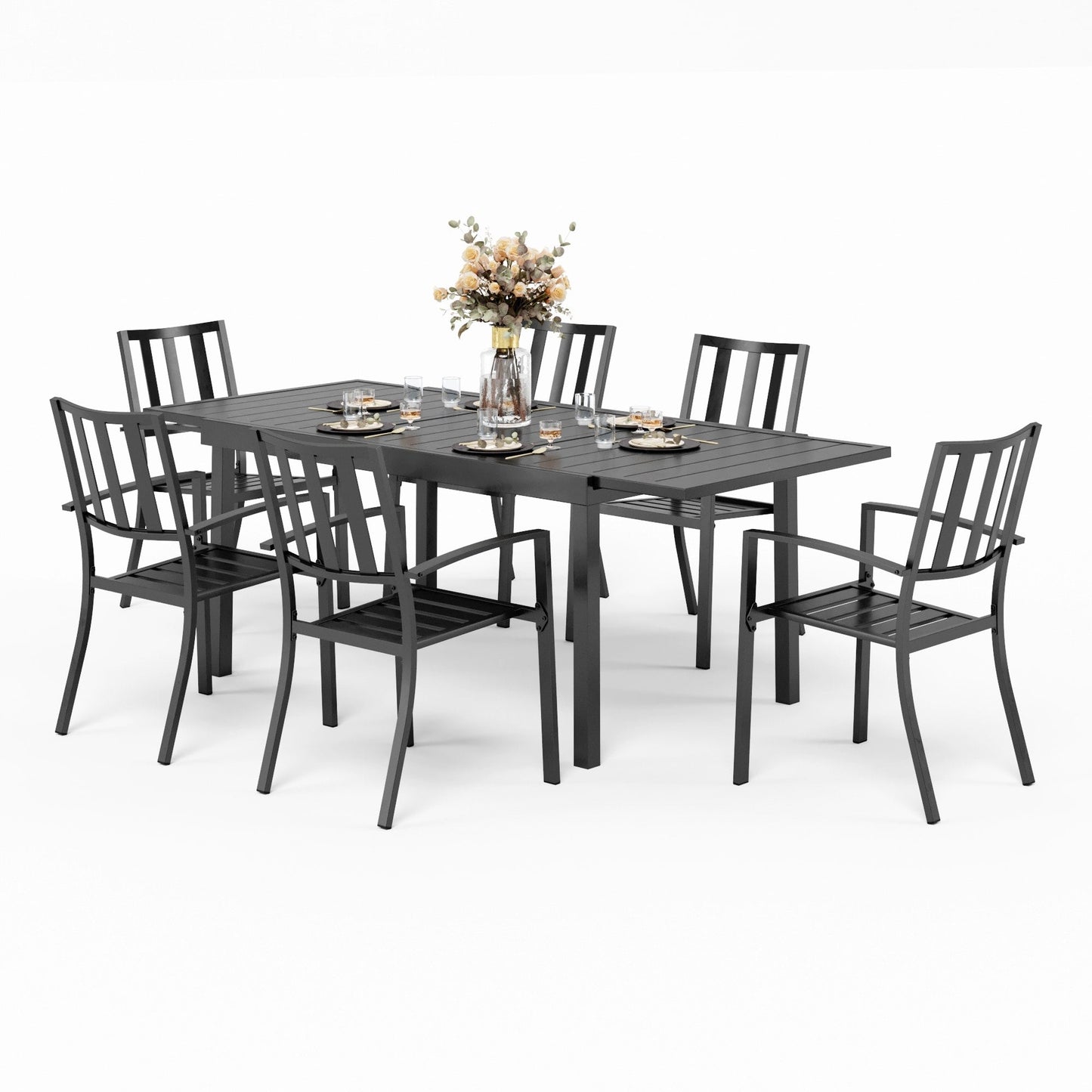 MAISON ARTS Set da pranzo per esterni, 6/8 sedie impilabili in metallo e 1 tavolo rettangolare espandibile