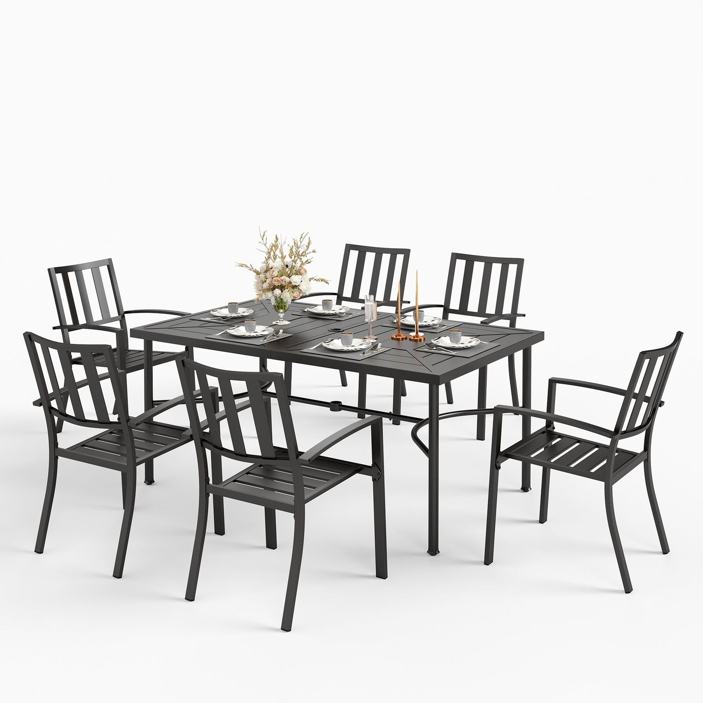 MAISON ARTS Set da pranzo per esterni, 6/8 sedie impilabili in metallo e 1 tavolo rettangolare espandibile