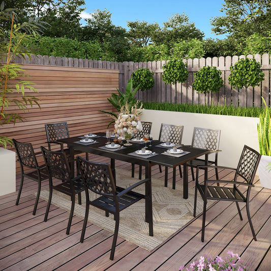 MAISON ARTS Set da pranzo per patio esterno per 6/8 persone, 6/8 sedie impilabili in metallo, 1 tavolo rettangolare espandibile