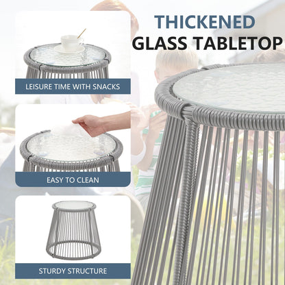 Set di divani componibili in vimini per conversazioni, set di mobili da giardino da 3 pezzi con cuscini spessi e tavolino da caffè in vetro temperato