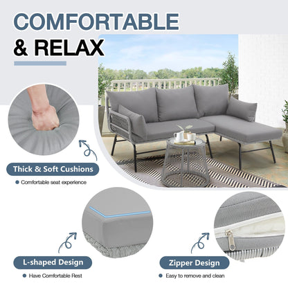 Set di divani componibili in vimini per conversazioni, set di mobili da giardino da 3 pezzi con cuscini spessi e tavolino da caffè in vetro temperato