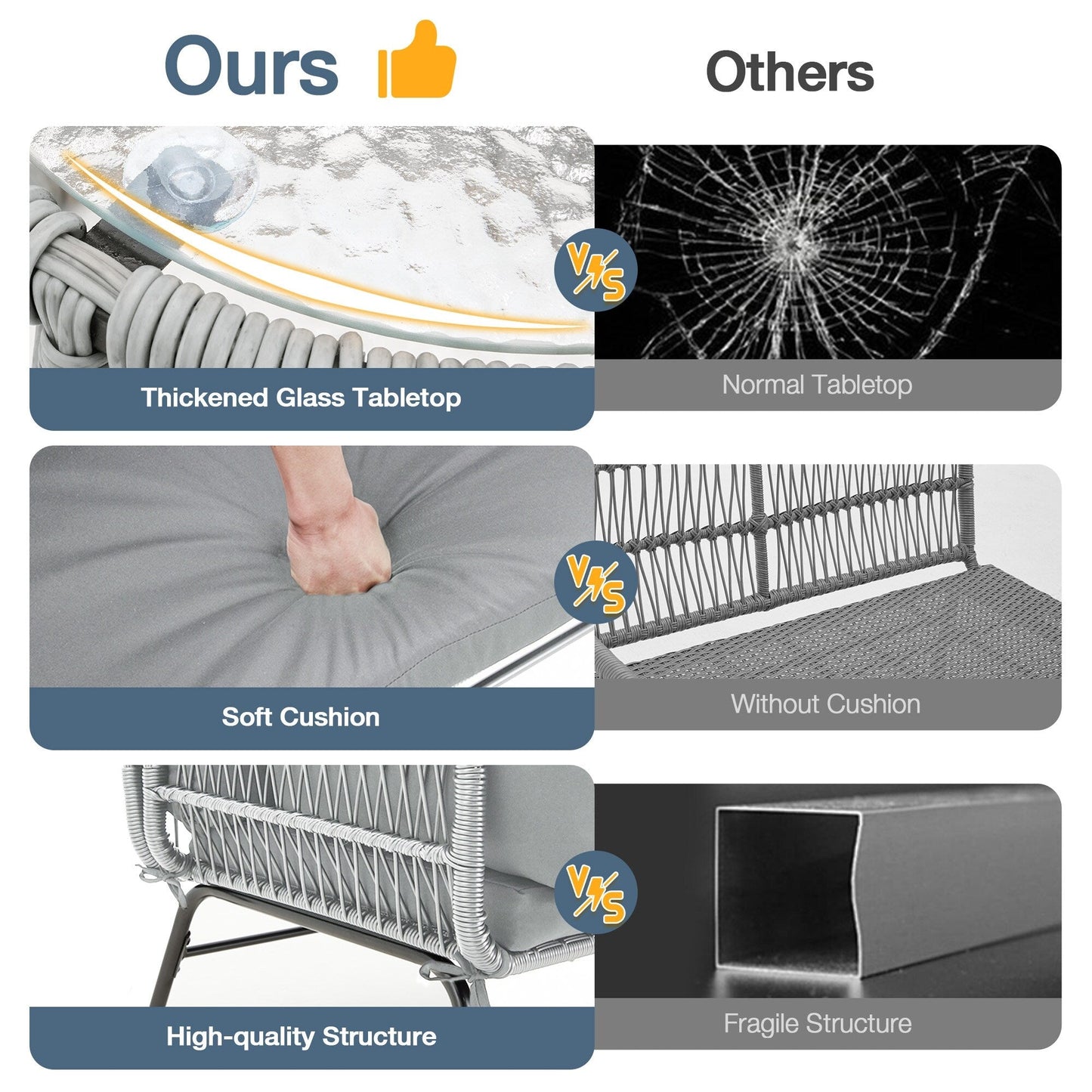 Set di divani componibili in vimini per conversazioni, set di mobili da giardino da 3 pezzi con cuscini spessi e tavolino da caffè in vetro temperato