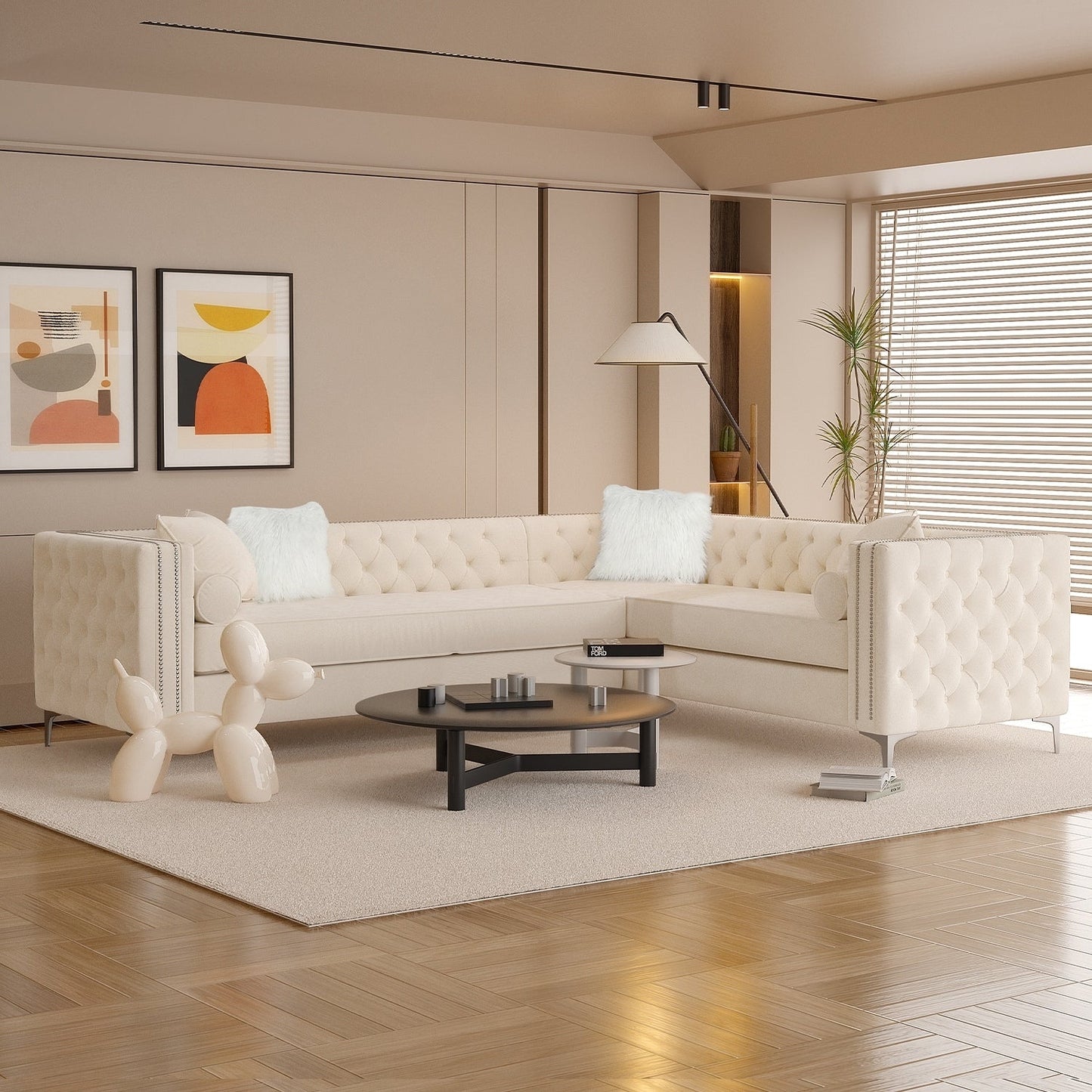 Divano componibile in velluto trapuntato per soggiorno