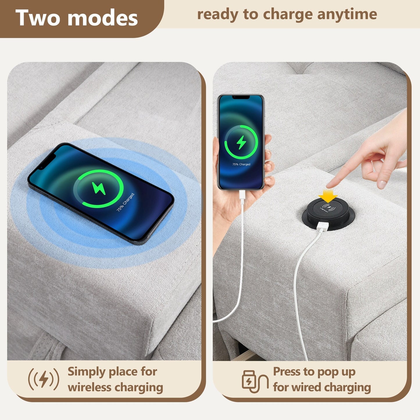 Divano componibile con piano d'appoggio, set divano a U in ciniglia con 2 consolle, caricabatterie USB, cassetti e tasche portaoggetti, pouf