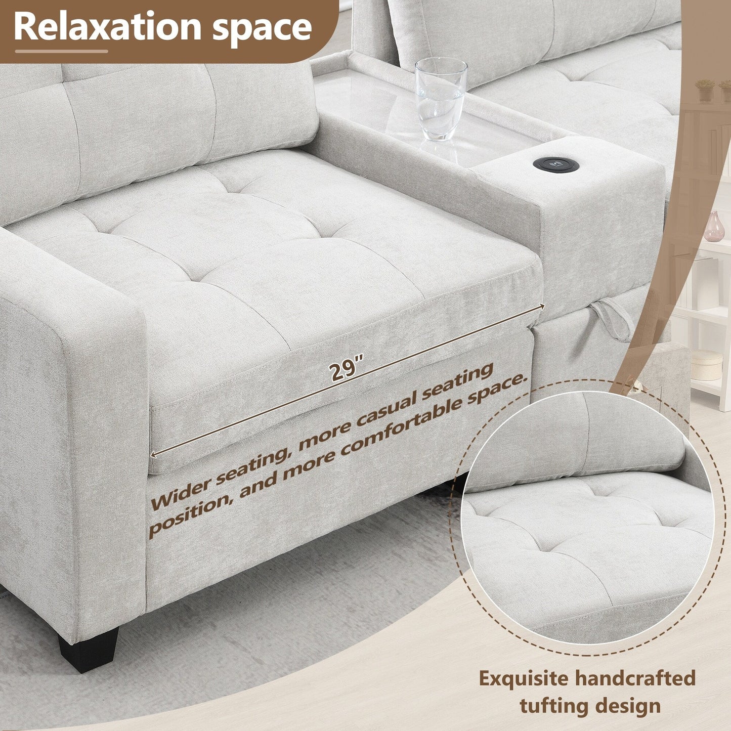 Divano componibile con piano d'appoggio, set divano a U in ciniglia con 2 consolle, caricabatterie USB, cassetti e tasche portaoggetti, pouf