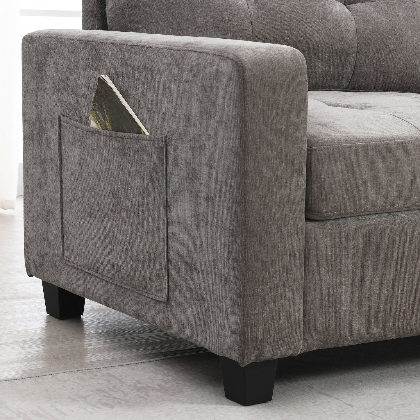 Divano componibile con piano d'appoggio, set divano a U in ciniglia con 2 consolle, caricabatterie USB, cassetti e tasche portaoggetti, pouf