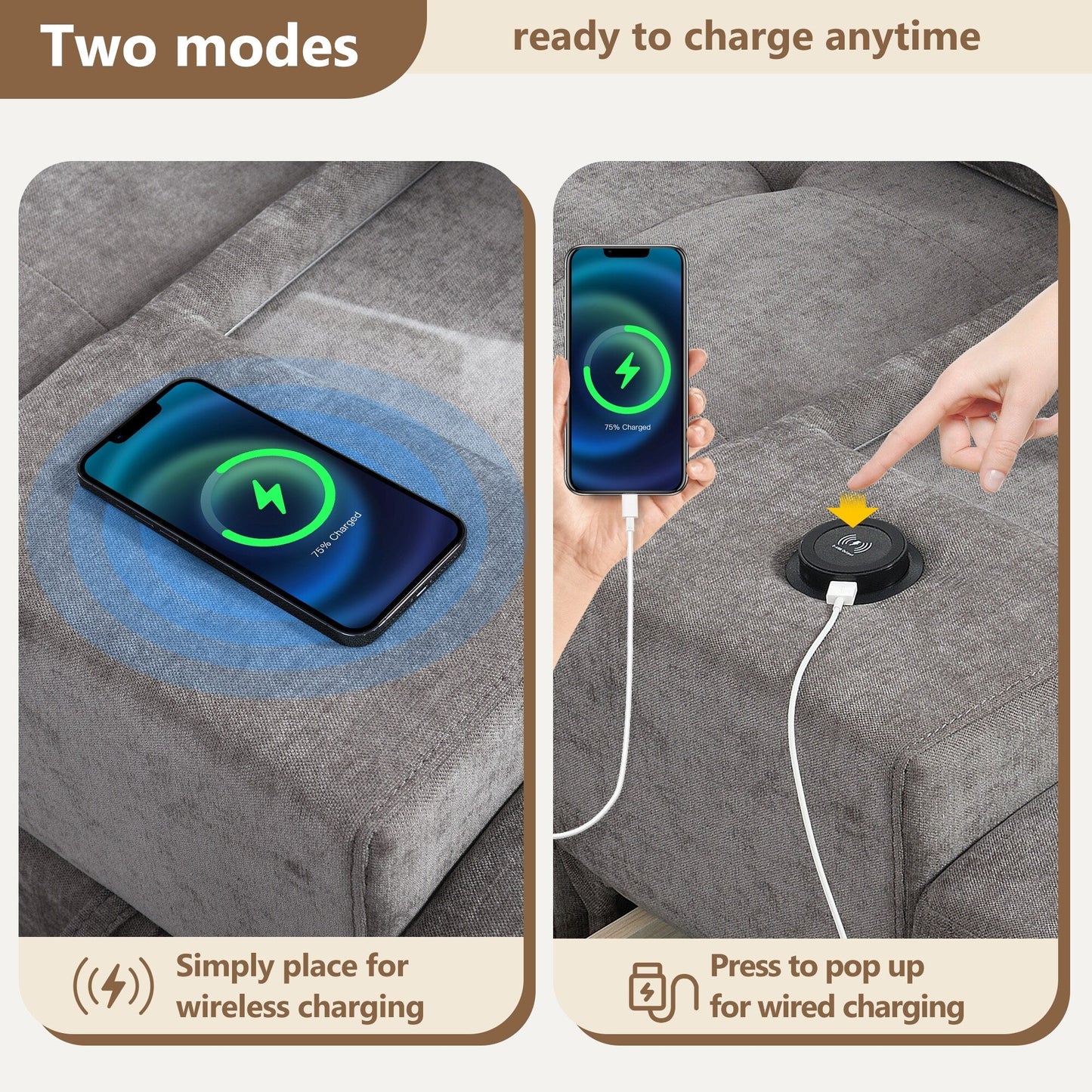 Divano componibile con piano d'appoggio, set divano a U in ciniglia con 2 consolle, caricabatterie USB, cassetti e tasche portaoggetti, pouf