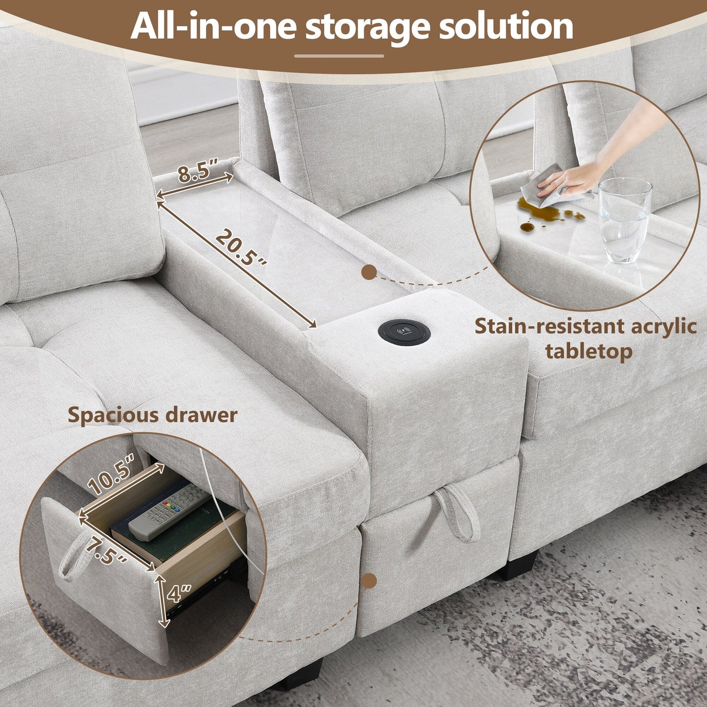 Divano componibile con piano d'appoggio, set divano a U in ciniglia con 2 consolle, caricabatterie USB, cassetti e tasche portaoggetti, pouf