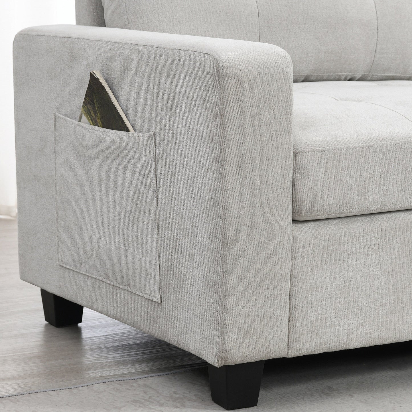 Divano componibile con piano d'appoggio, set divano a U in ciniglia con 2 consolle, caricabatterie USB, cassetti e tasche portaoggetti, pouf