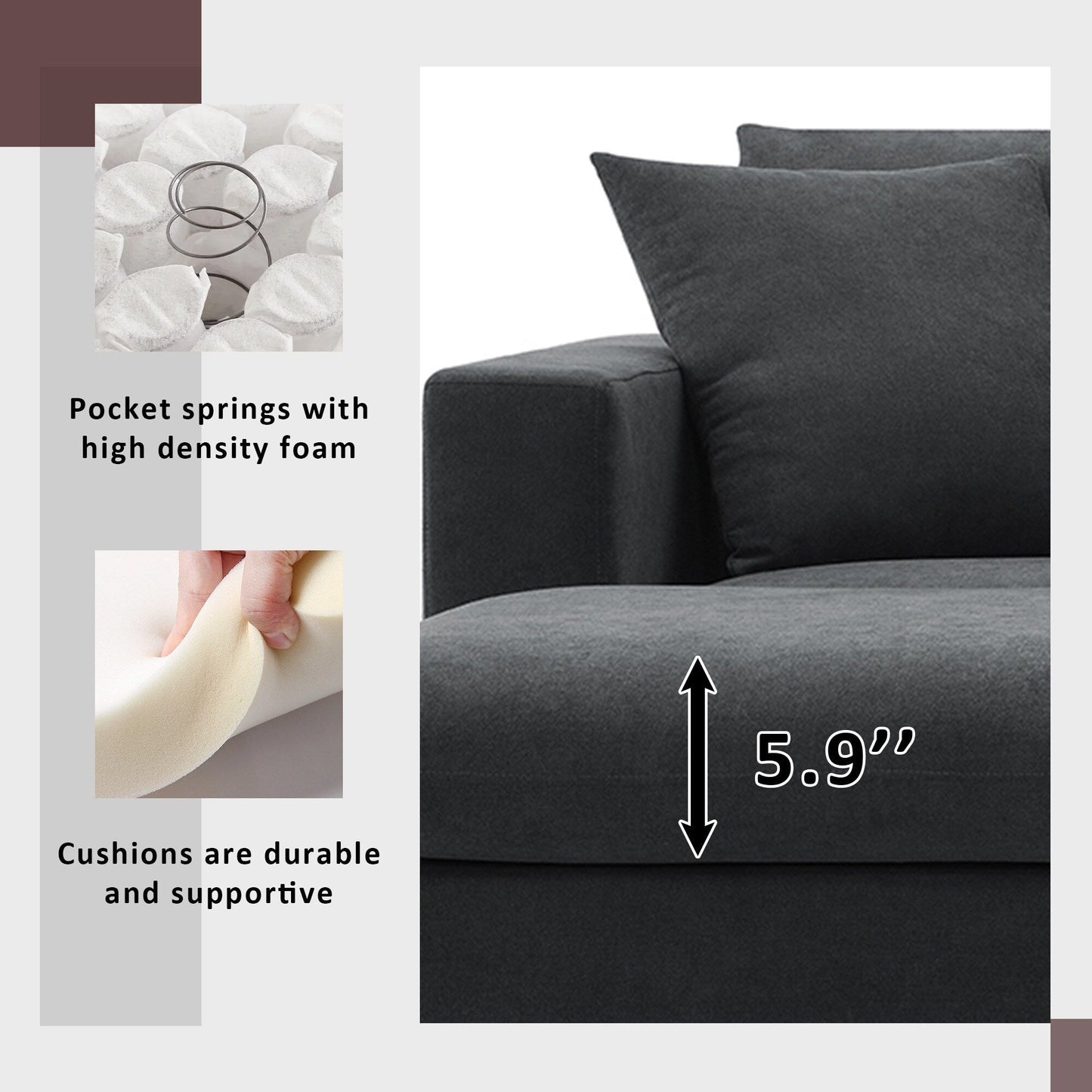 Divano componibile con cuscini, set di divani a L con ampia seduta, set di divani a 4 posti in comodo tessuto di poliestere con pouf mobile