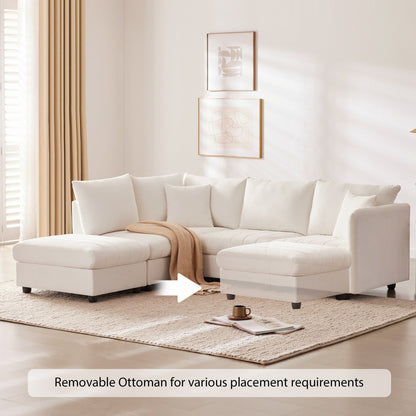 Divano componibile con strisce verticali, 2 cuscini, divano a 5 posti con pouf trasformabile, varie combinazioni, a forma di L