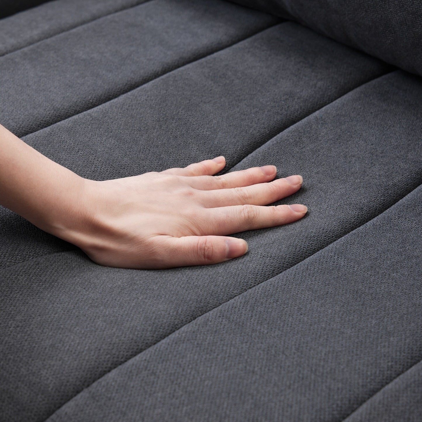 Divano componibile con strisce verticali, 2 cuscini, divano a 5 posti con pouf trasformabile, varie combinazioni, a forma di L