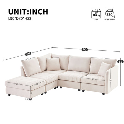 Divano componibile con strisce verticali, 2 cuscini, divano a 5 posti con pouf trasformabile, varie combinazioni, a forma di L