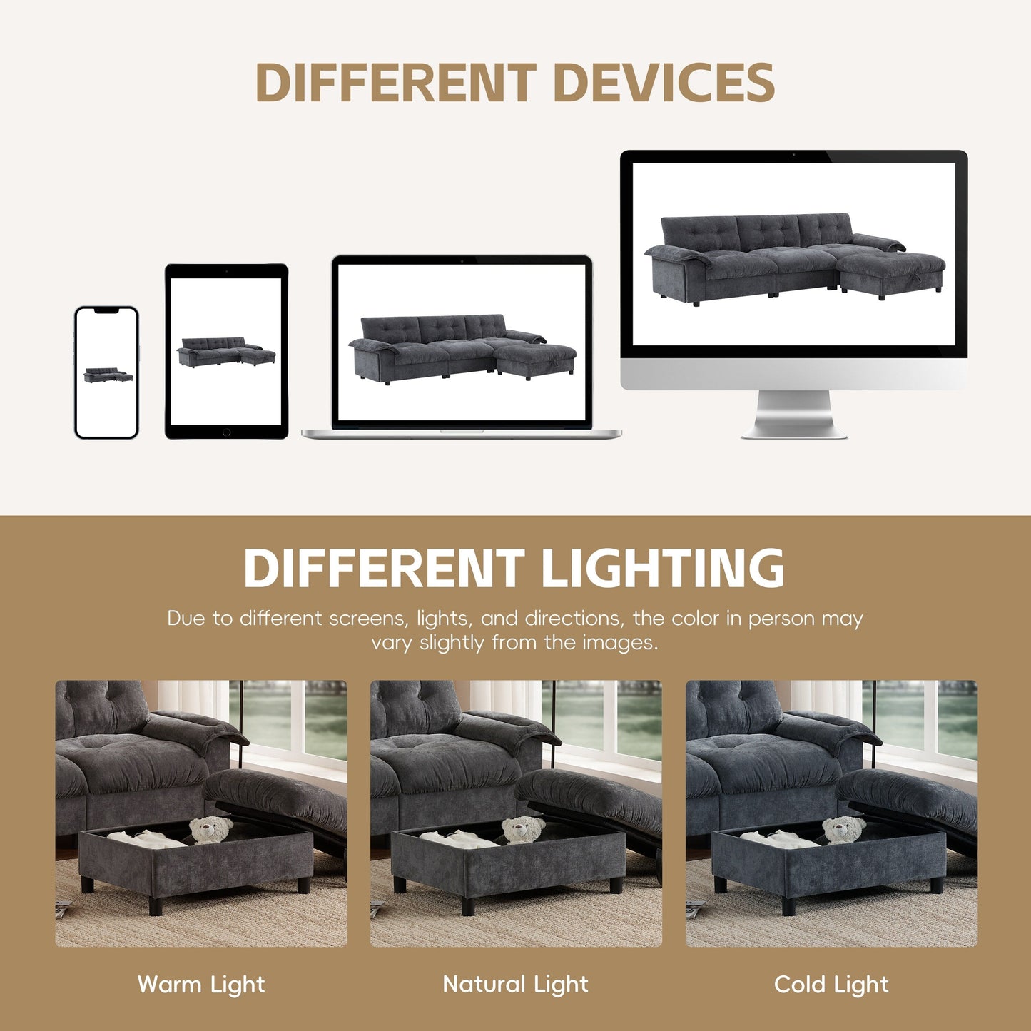 Divano componibile a L con bracciolo multifunzionale, doppia porta di ricarica, portabicchieri, tasche laterali portaoggetti, cuscino morbido