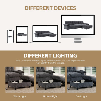 Divano componibile a L con bracciolo multifunzionale, doppia porta di ricarica, portabicchieri, tasche laterali portaoggetti, cuscino morbido