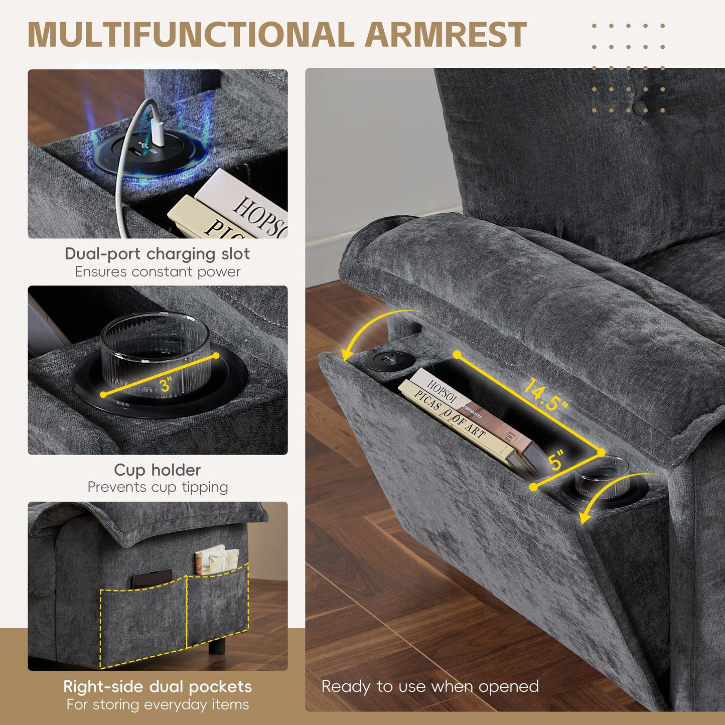 Divano componibile a L con bracciolo multifunzionale, doppia porta di ricarica, portabicchieri, tasche laterali portaoggetti, cuscino morbido