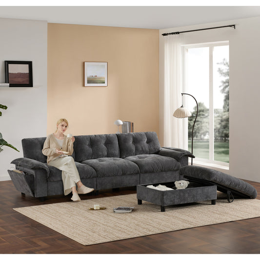 Divano componibile a L con bracciolo multifunzionale, doppia porta di ricarica, portabicchieri, tasche laterali portaoggetti, cuscino morbido