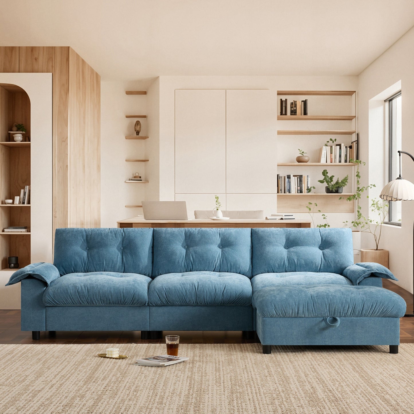 Divano componibile a L con bracciolo multifunzionale, doppia porta di ricarica, portabicchieri, tasche laterali portaoggetti, cuscino morbido