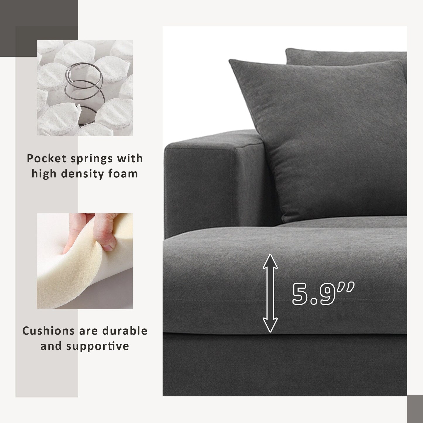 Divano componibile, set divano a L con 2 cuscini gratuiti, set divano a 4 posti in tessuto di poliestere con pouf trasformabile