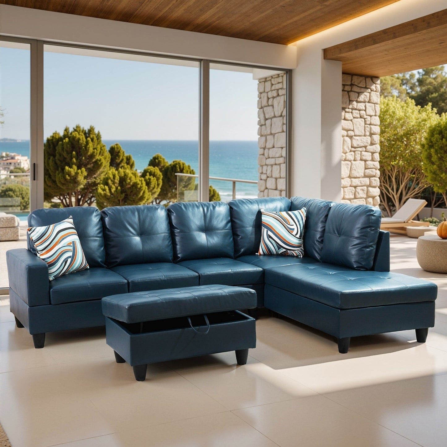 Divano per soggiorno in pelle sintetica semi-PU, 3 pezzi