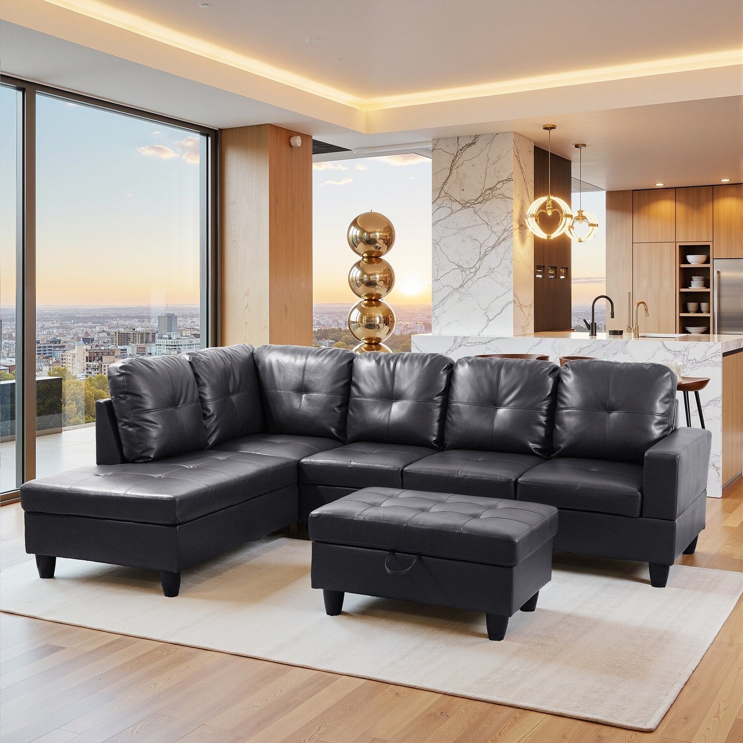 Divano per soggiorno in pelle sintetica semi-PU, 3 pezzi