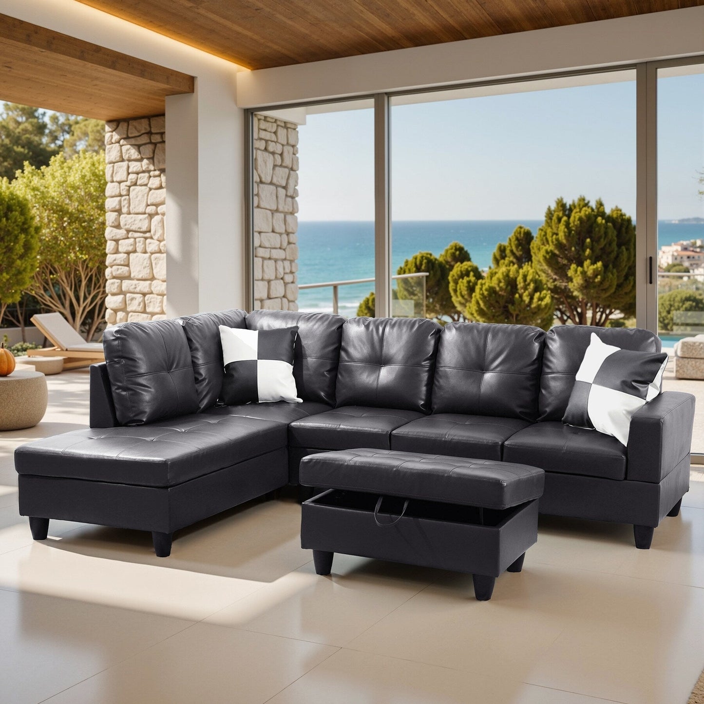 Divano per soggiorno in pelle sintetica semi-PU, 3 pezzi