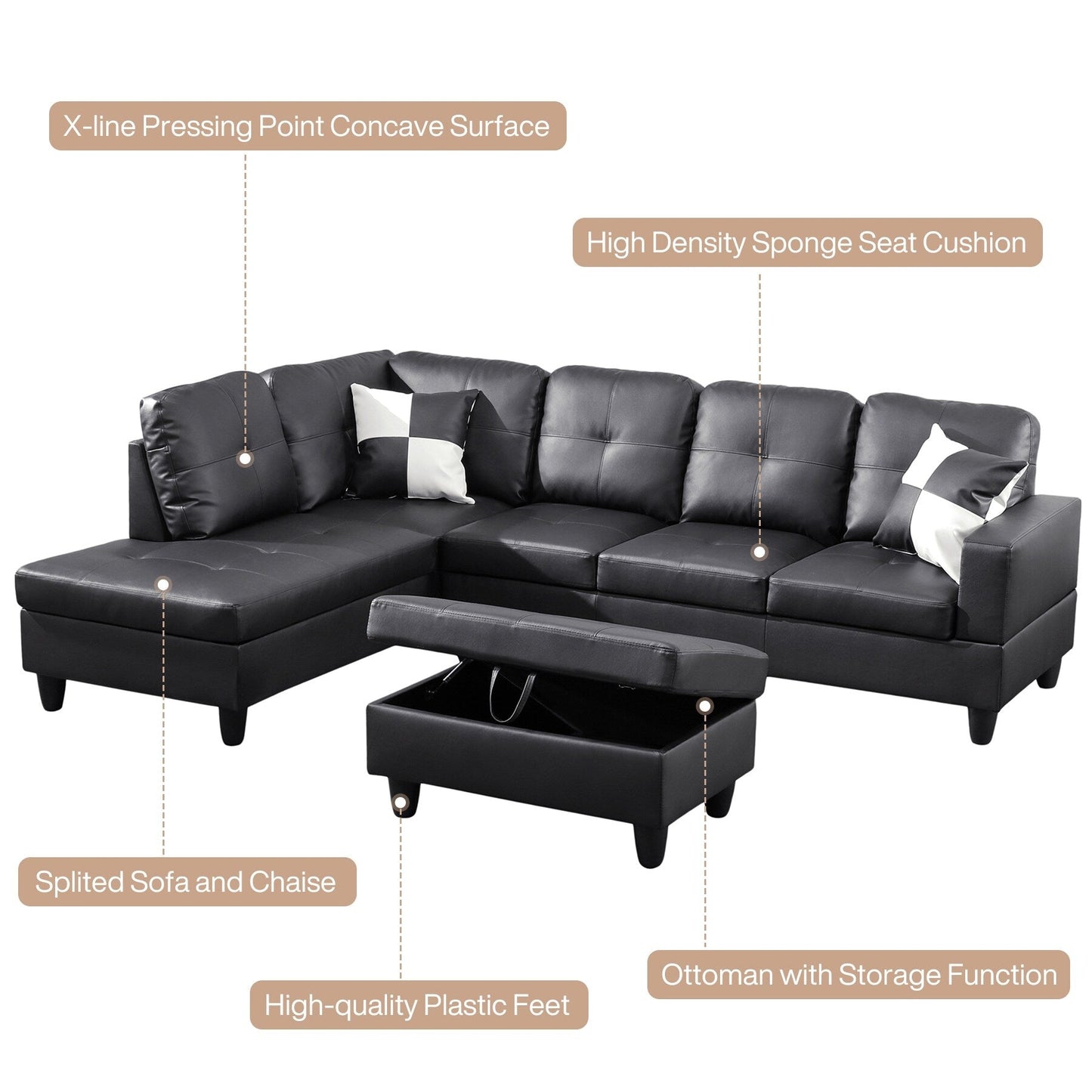 Divano per soggiorno in pelle sintetica semi-PU, 3 pezzi