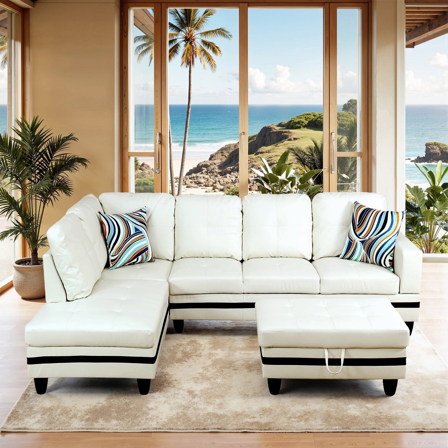 Divano per soggiorno in pelle sintetica semi-PU, 3 pezzi