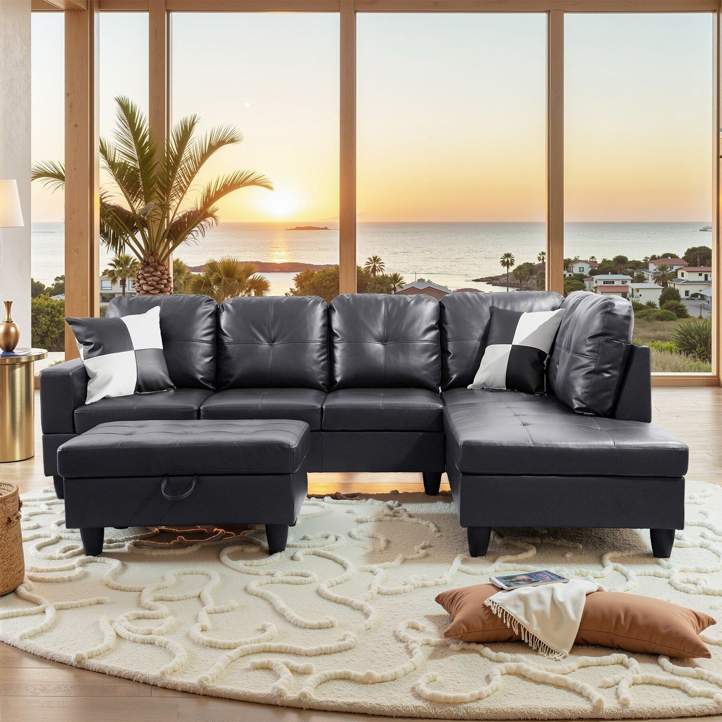 Divano per soggiorno in pelle sintetica semi-PU, 3 pezzi