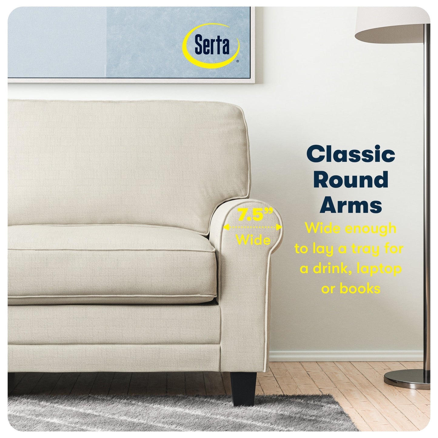 Divano con braccioli arrotolati Serta Copenhagen 73, in poliestere di facile manutenzione, schienale morbido, cuscini di seduta a molle insacchettate