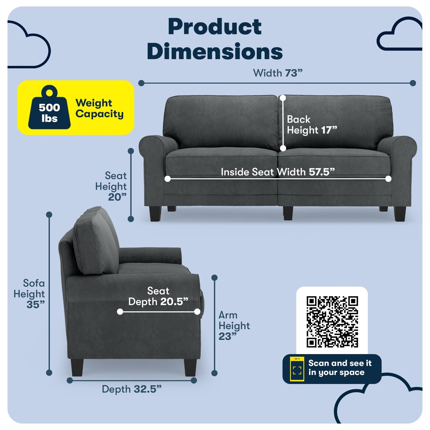 Divano con braccioli arrotolati Serta Copenhagen 73, in poliestere di facile manutenzione, schienale morbido, cuscini di seduta a molle insacchettate