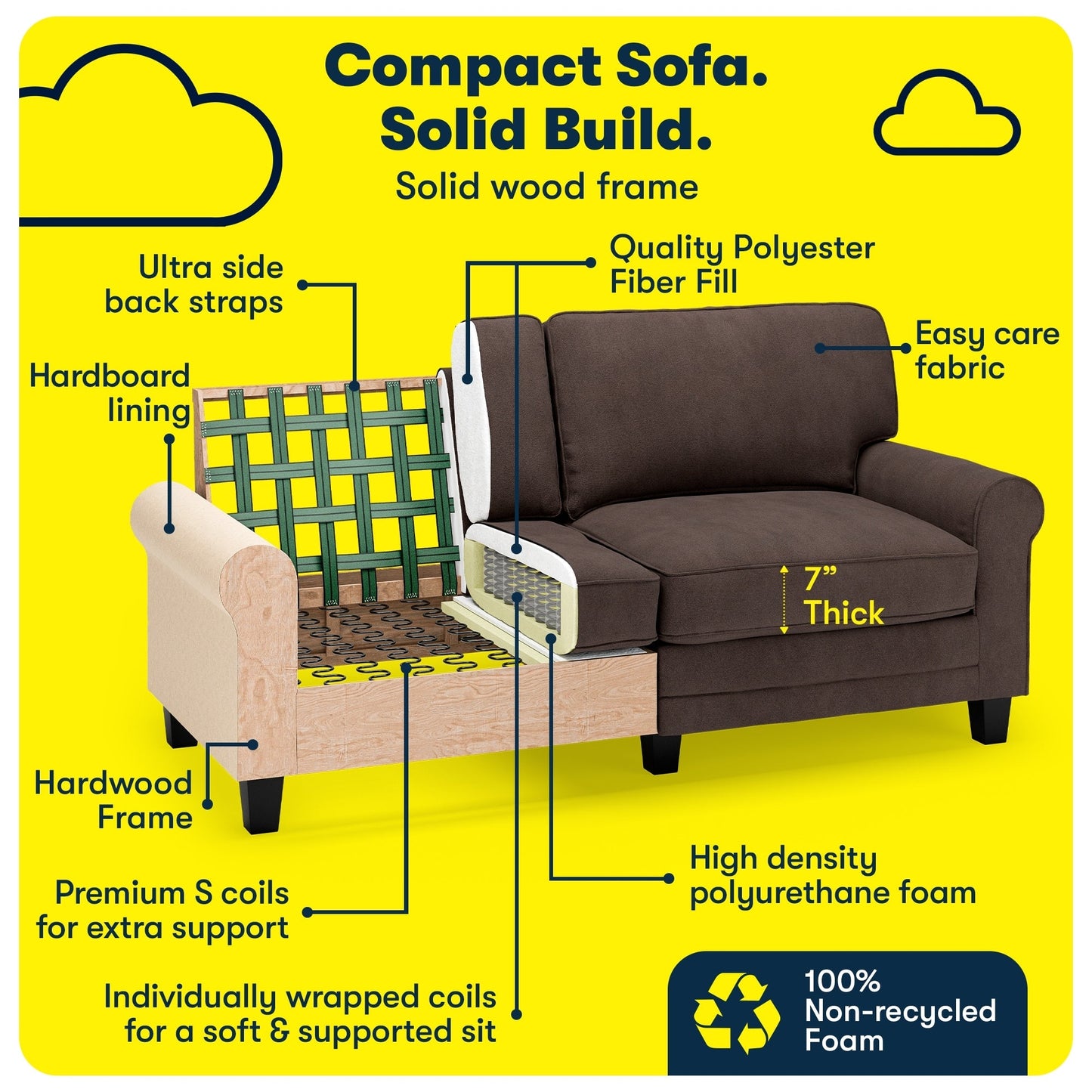 Divano con braccioli arrotolati Serta Copenhagen 73, in poliestere di facile manutenzione, schienale morbido, cuscini di seduta a molle insacchettate