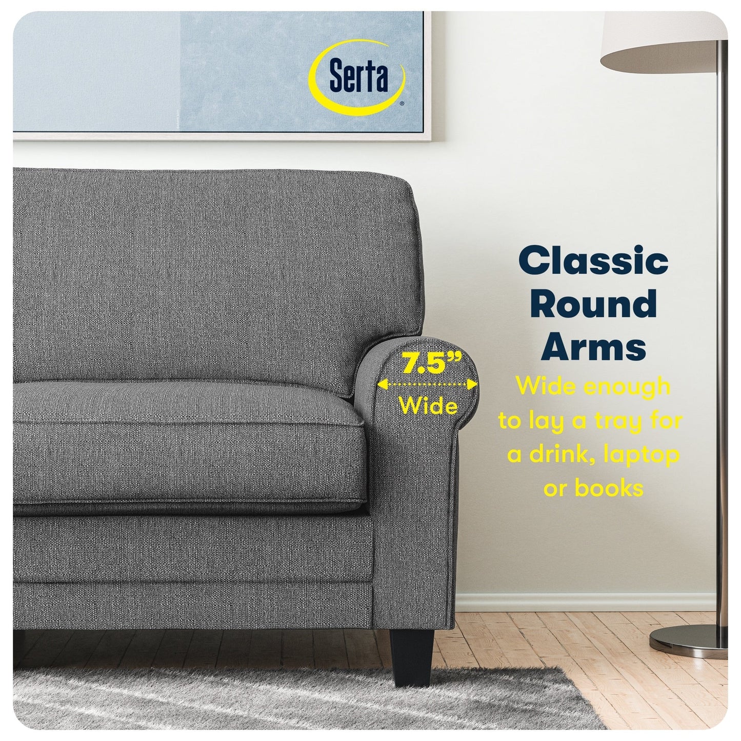 Divano con braccioli arrotolati Serta Copenhagen 73, in poliestere di facile manutenzione, schienale morbido, cuscini di seduta a molle insacchettate