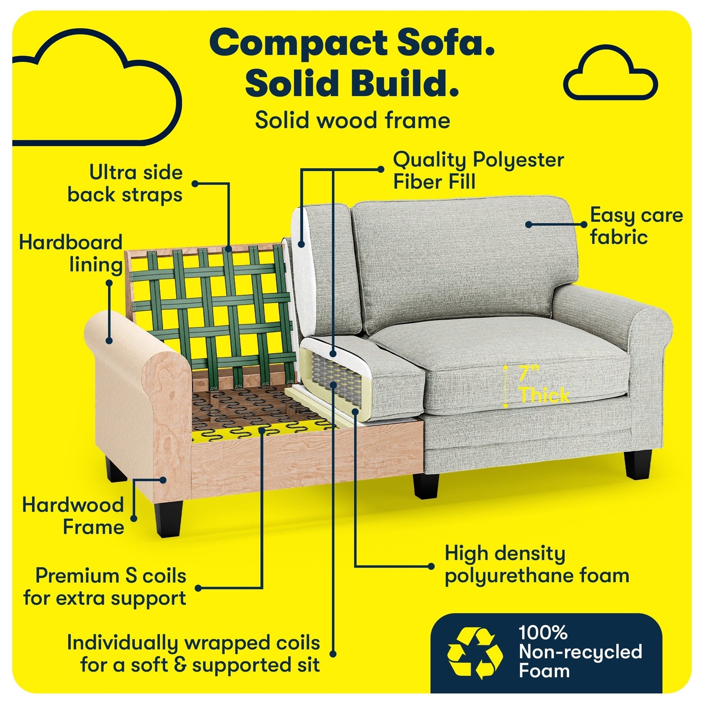 Divano con braccioli arrotolati Serta Copenhagen 73, in poliestere di facile manutenzione, schienale morbido, cuscini di seduta a molle insacchettate