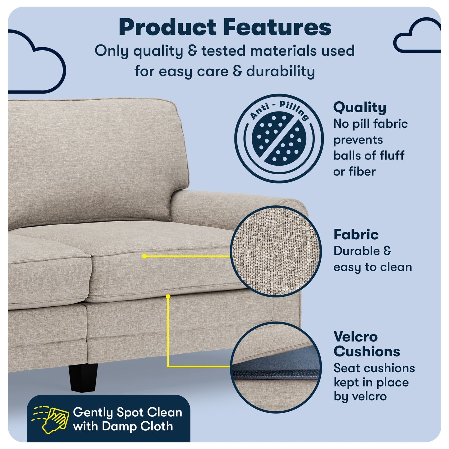 Divano con braccioli arrotolati Serta Copenhagen 73, in poliestere di facile manutenzione, schienale morbido, cuscini di seduta a molle insacchettate