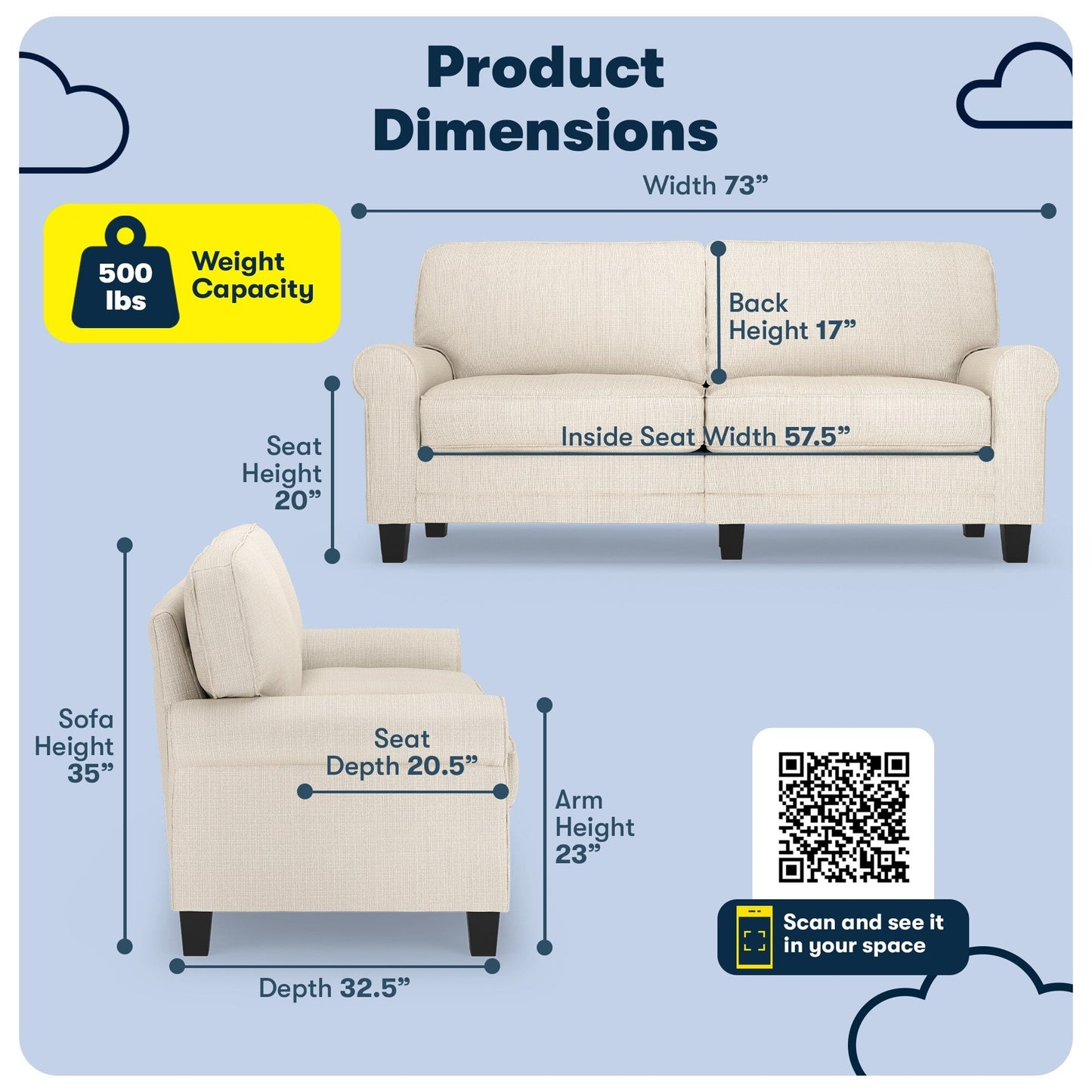 Divano con braccioli arrotolati Serta Copenhagen 73, in poliestere di facile manutenzione, schienale morbido, cuscini di seduta a molle insacchettate