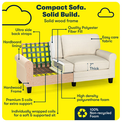 Divano con braccioli arrotolati Serta Copenhagen 73, in poliestere di facile manutenzione, schienale morbido, cuscini di seduta a molle insacchettate