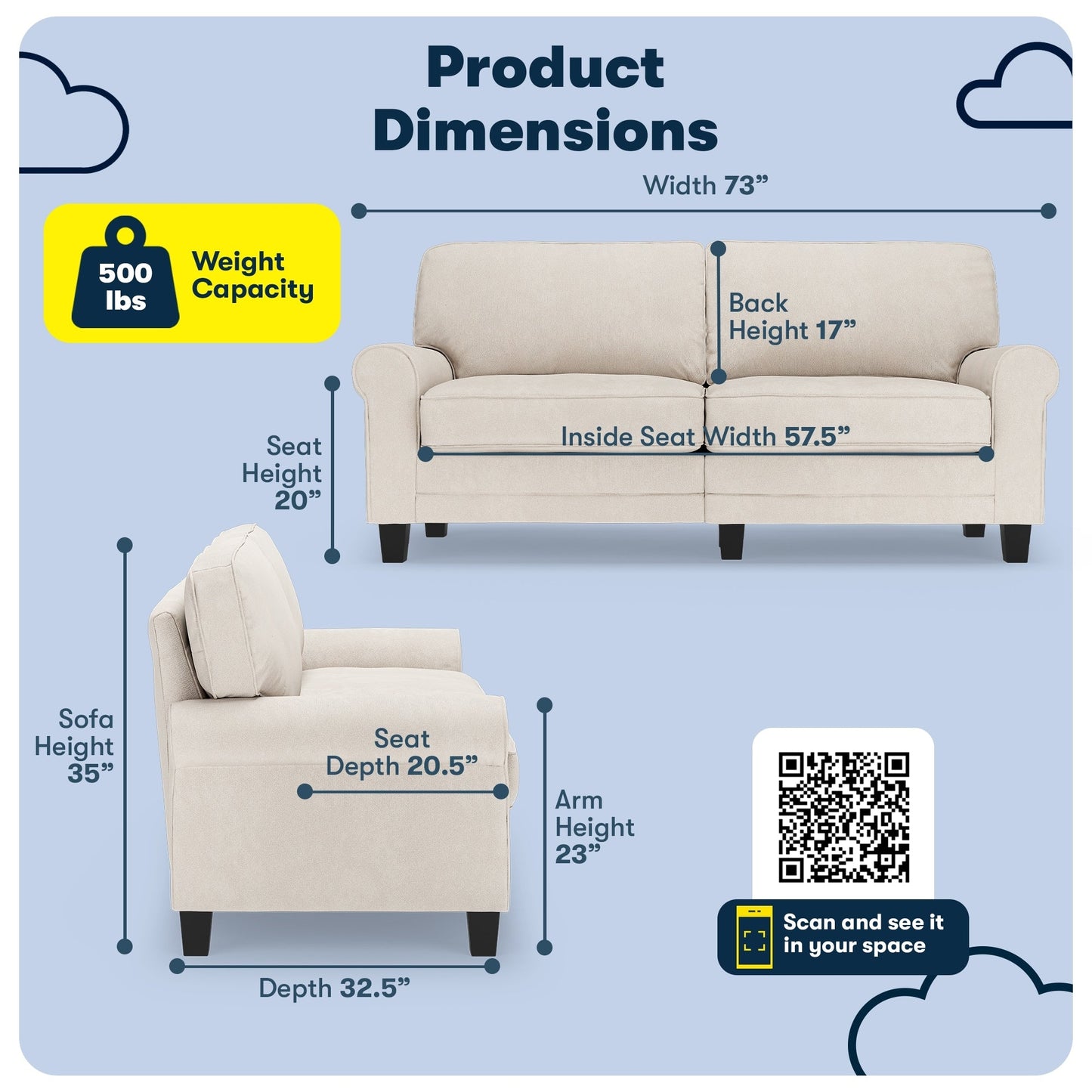 Divano con braccioli arrotolati Serta Copenhagen 73, in poliestere di facile manutenzione, schienale morbido, cuscini di seduta a molle insacchettate
