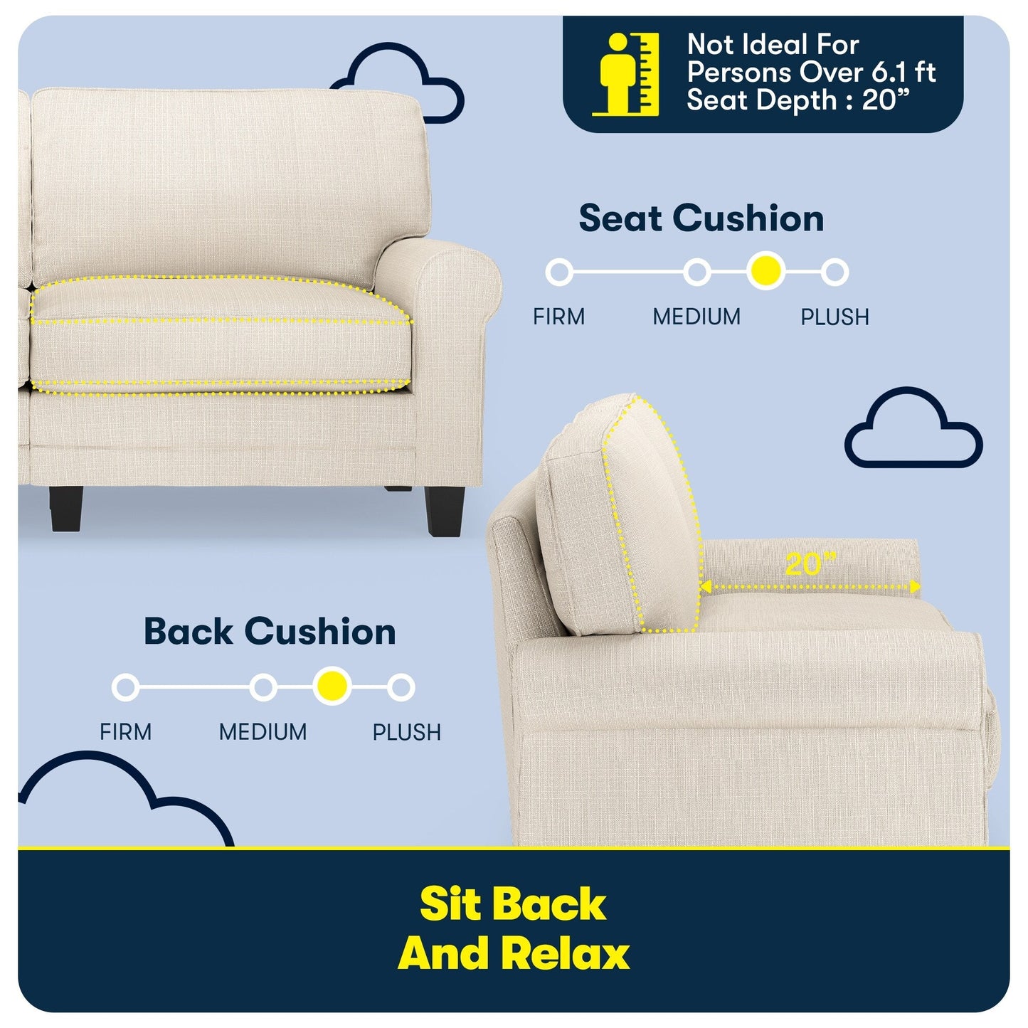 Divano con braccioli arrotolati Serta Copenhagen 73, in poliestere di facile manutenzione, schienale morbido, cuscini di seduta a molle insacchettate