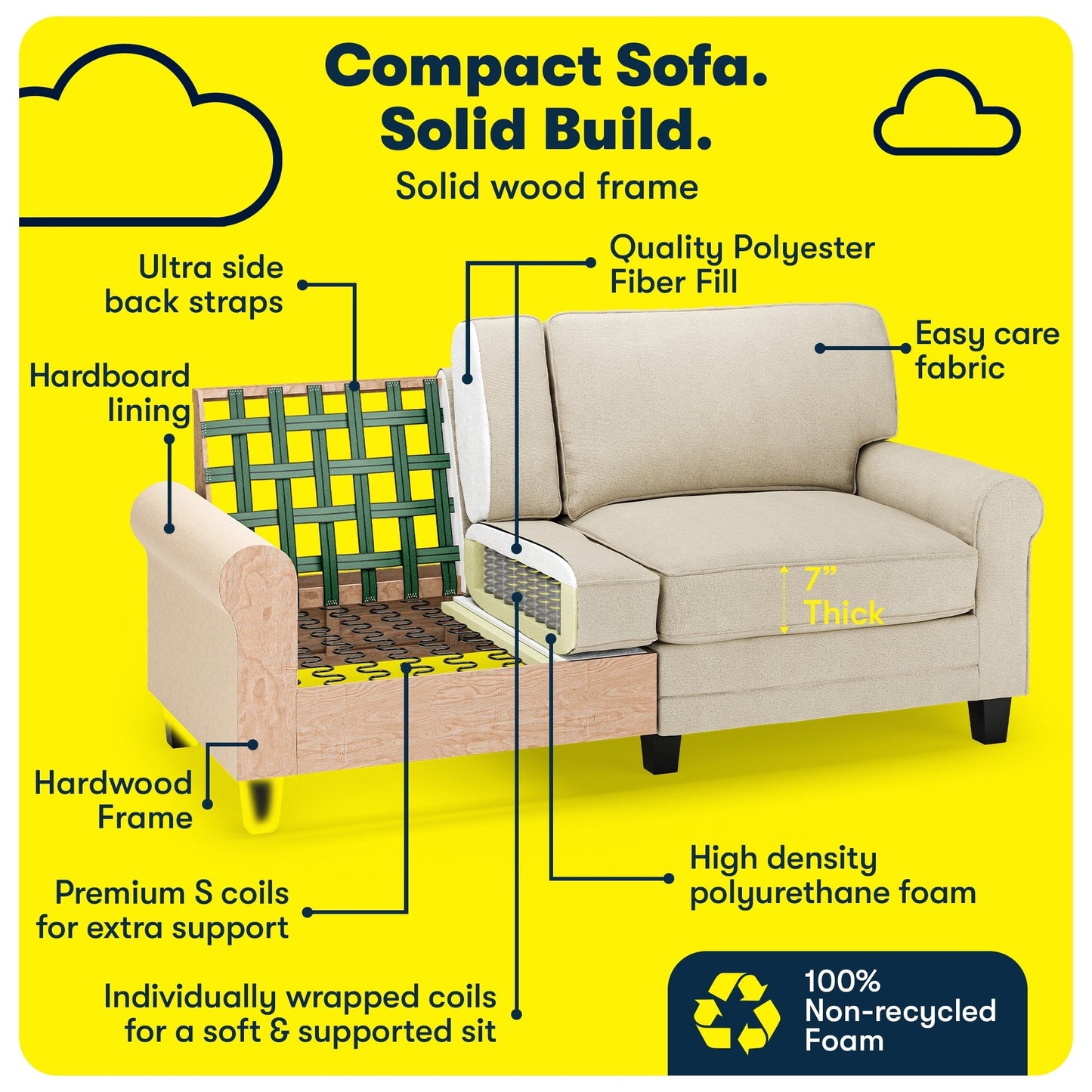 Divano con braccioli arrotolati Serta Copenhagen 73, in poliestere di facile manutenzione, schienale morbido, cuscini di seduta a molle insacchettate