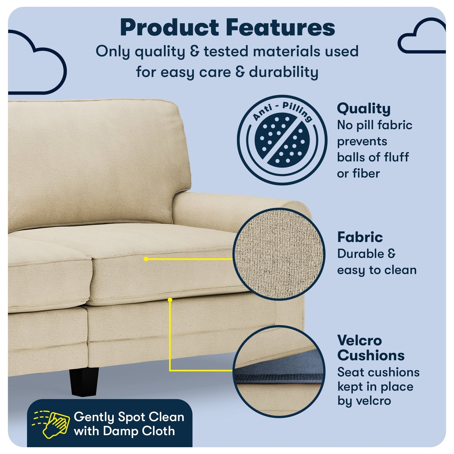 Divano con braccioli arrotolati Serta Copenhagen 73, in poliestere di facile manutenzione, schienale morbido, cuscini di seduta a molle insacchettate