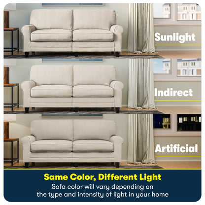 Divano con braccioli arrotolati Serta Copenhagen 73, in poliestere di facile manutenzione, schienale morbido, cuscini di seduta a molle insacchettate