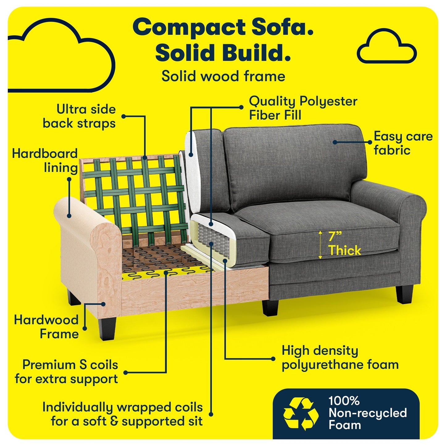 Divano con braccioli arrotolati Serta Copenhagen 73, in poliestere di facile manutenzione, schienale morbido, cuscini di seduta a molle insacchettate