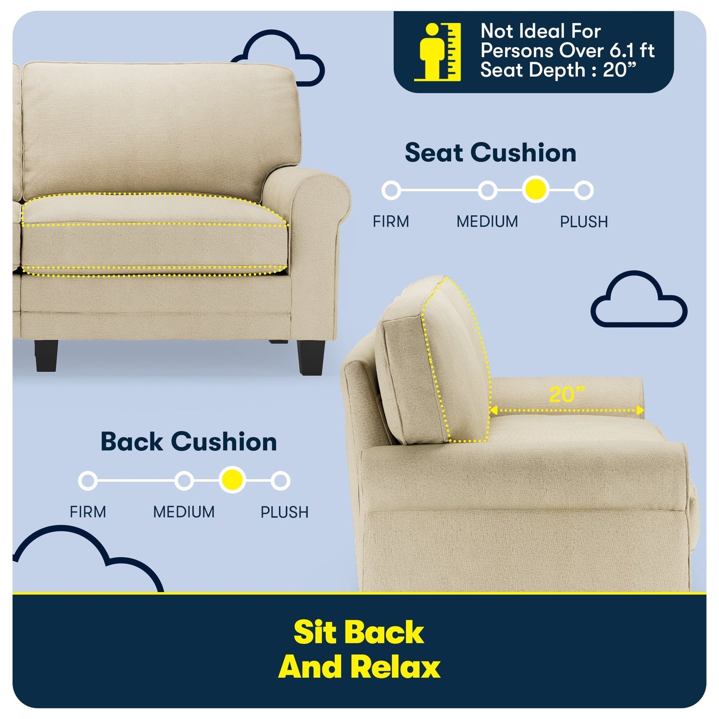 Divano con braccioli arrotolati Serta Copenhagen 73, in poliestere di facile manutenzione, schienale morbido, cuscini di seduta a molle insacchettate