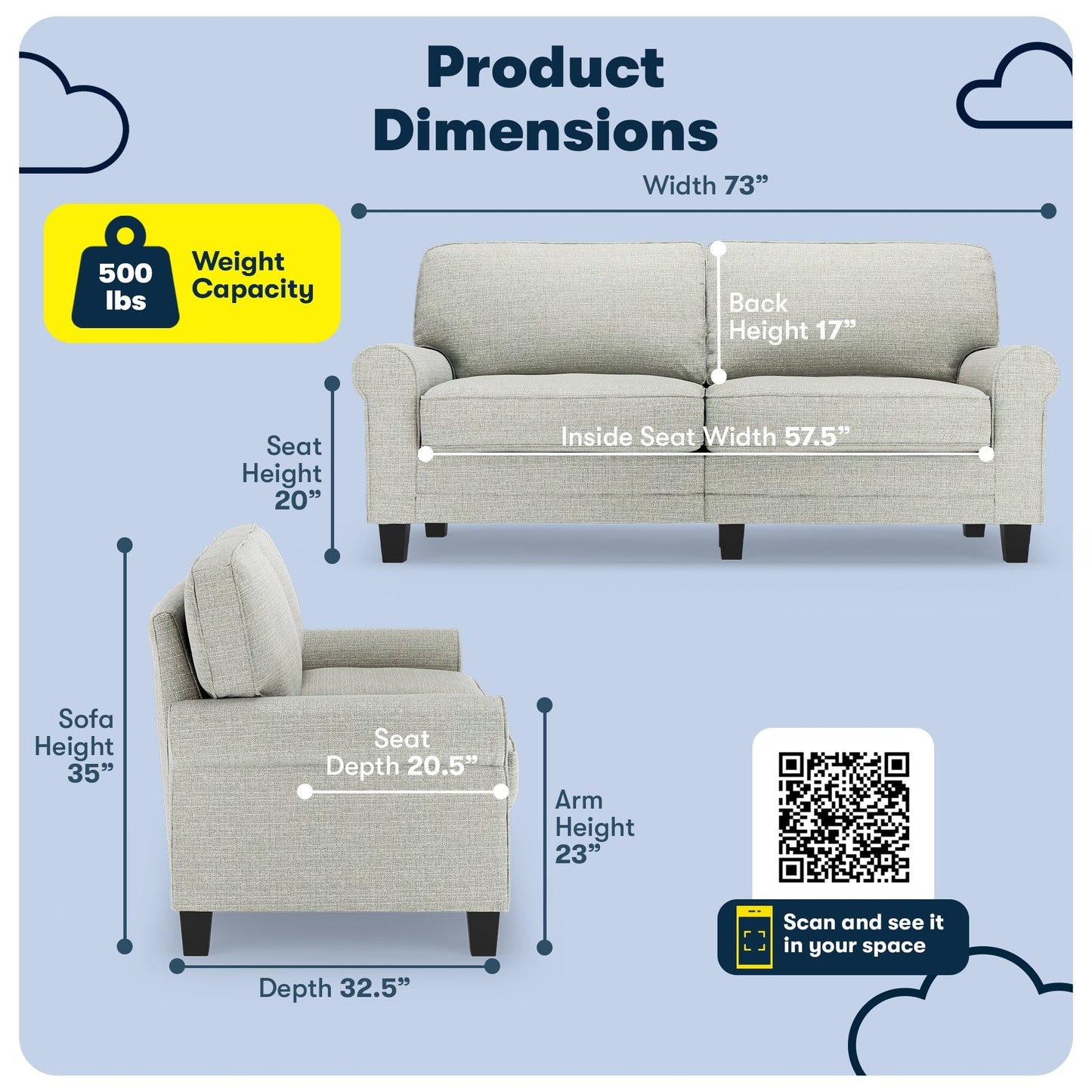 Divano con braccioli arrotolati Serta Copenhagen 73, in poliestere di facile manutenzione, schienale morbido, cuscini di seduta a molle insacchettate