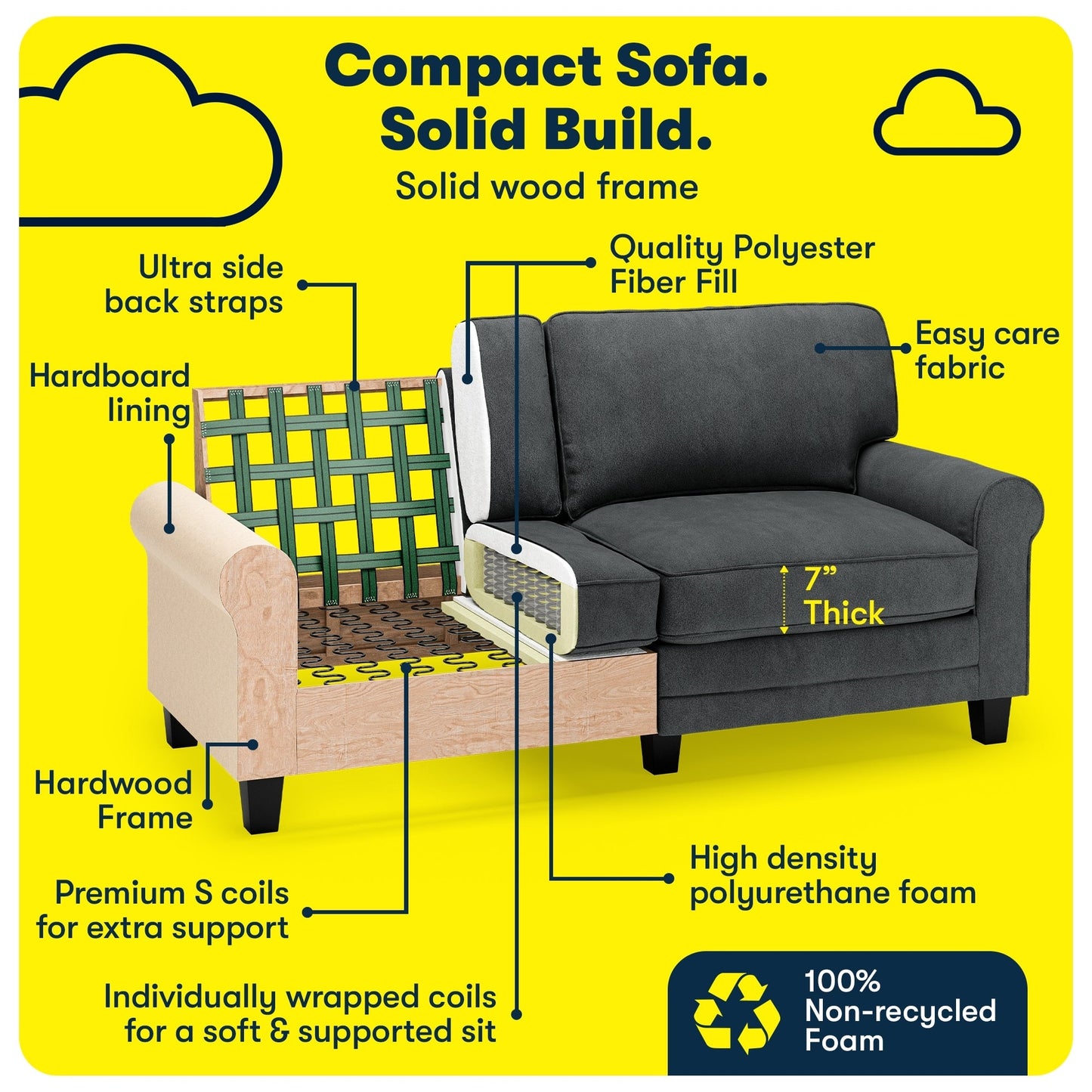 Divano con braccioli arrotolati Serta Copenhagen 73, in poliestere di facile manutenzione, schienale morbido, cuscini di seduta a molle insacchettate