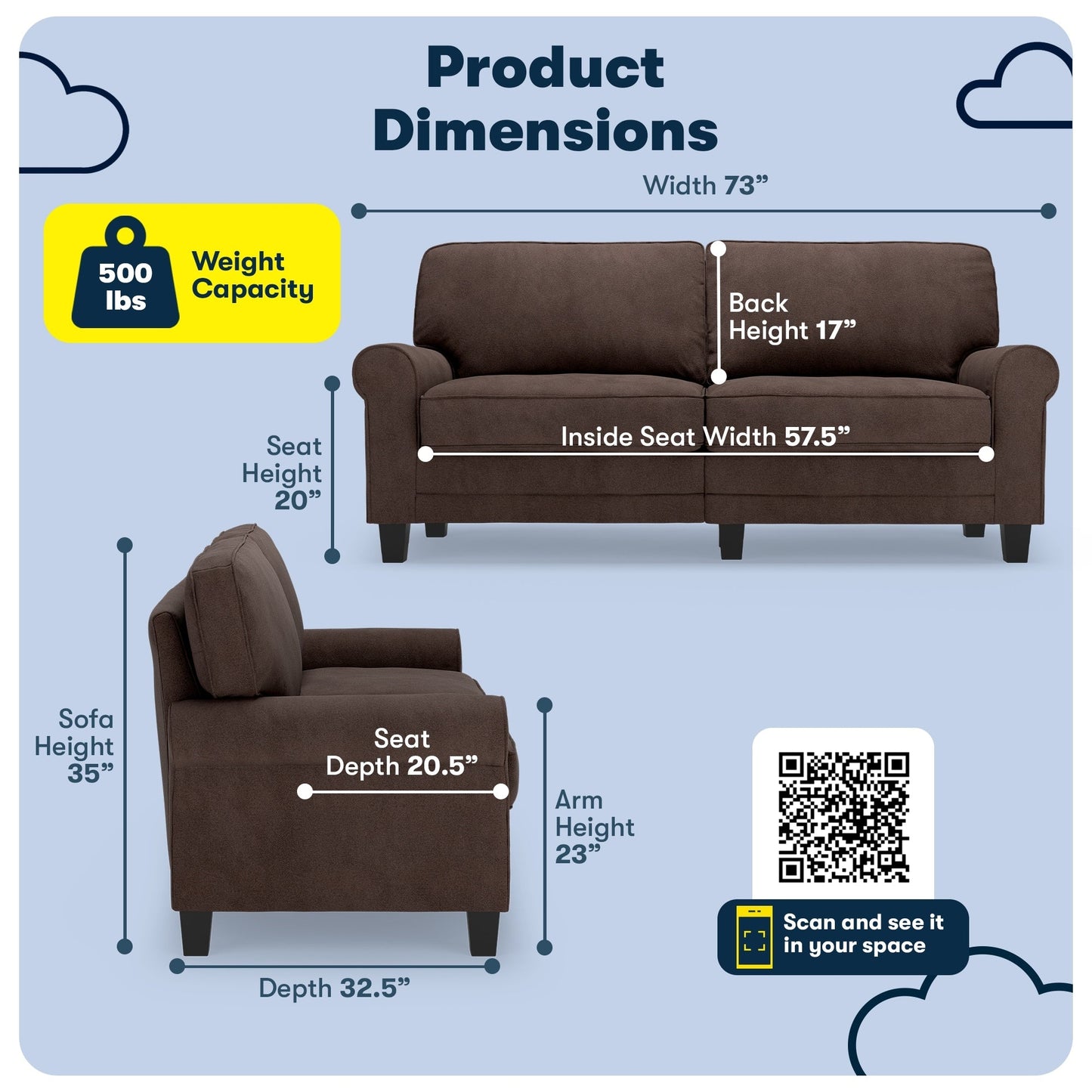 Divano con braccioli arrotolati Serta Copenhagen 73, in poliestere di facile manutenzione, schienale morbido, cuscini di seduta a molle insacchettate