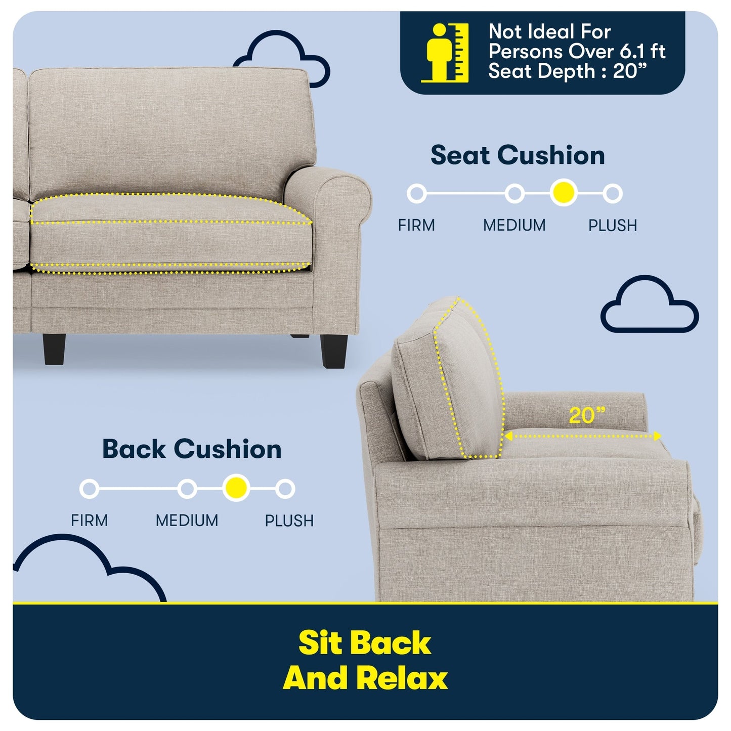 Divano con braccioli arrotolati Serta Copenhagen 78, in poliestere di facile manutenzione, schienale morbido, cuscini di seduta a molle insacchettate